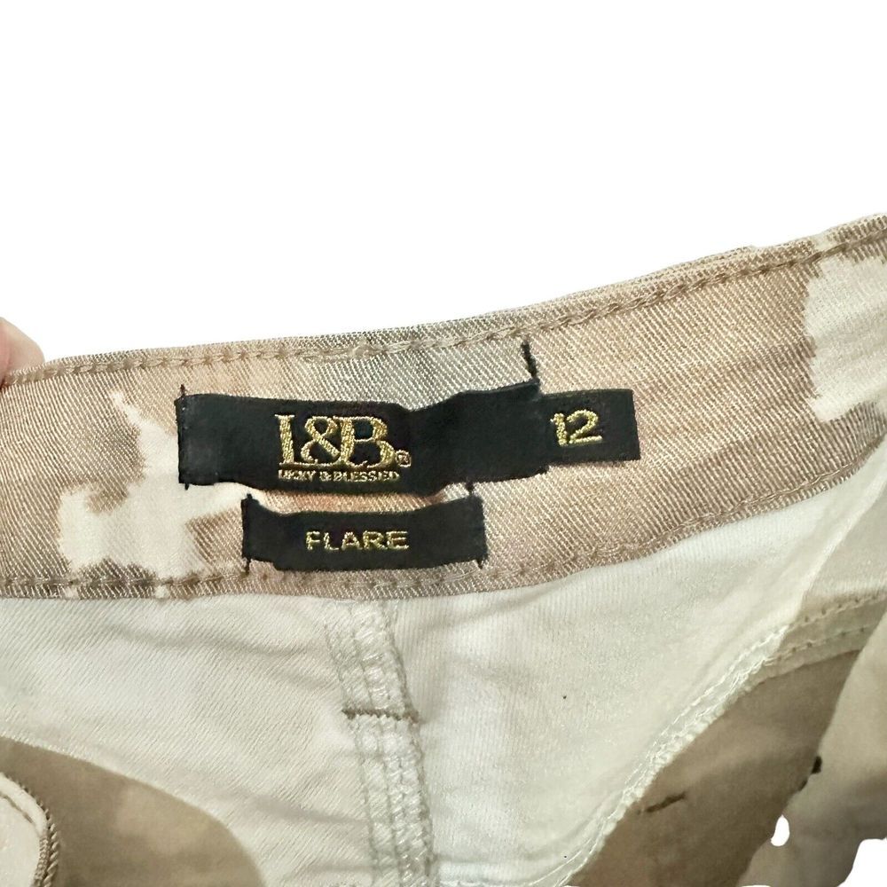 L&B Lucky & Blessed  Brown & White Distressed Flare Jeans with Fringe Cow PRINT - Picture 7 of 9